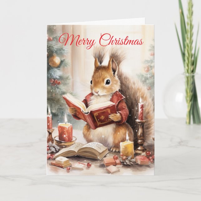Christmas Squirrel reading Feiertagskarte (Vorderseite)