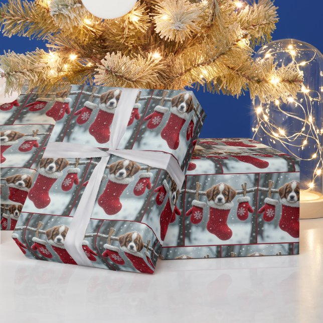 Christmas St. Bernard Welpe im Roten Strumpf Geschenkpapier (Feiertage)