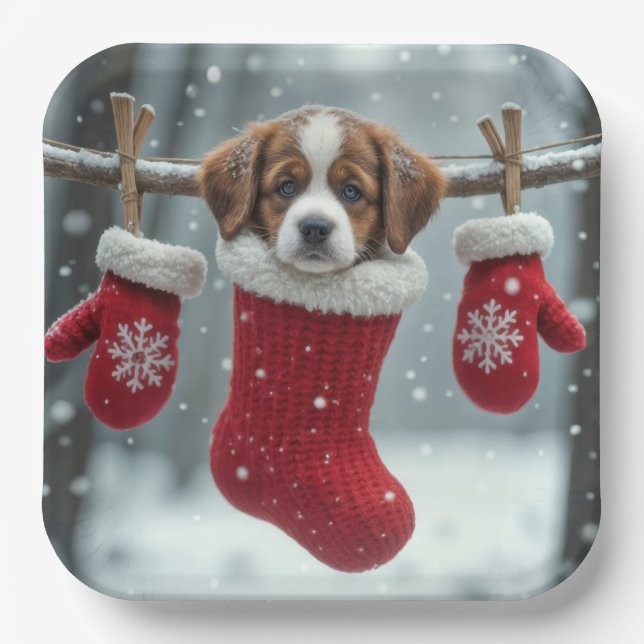 Christmas St. Bernard Welpe im Roten Strumpf Pappteller (Vorderseite)