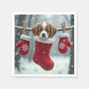 Christmas St. Bernard Welpe im Roten Strumpf Serviette