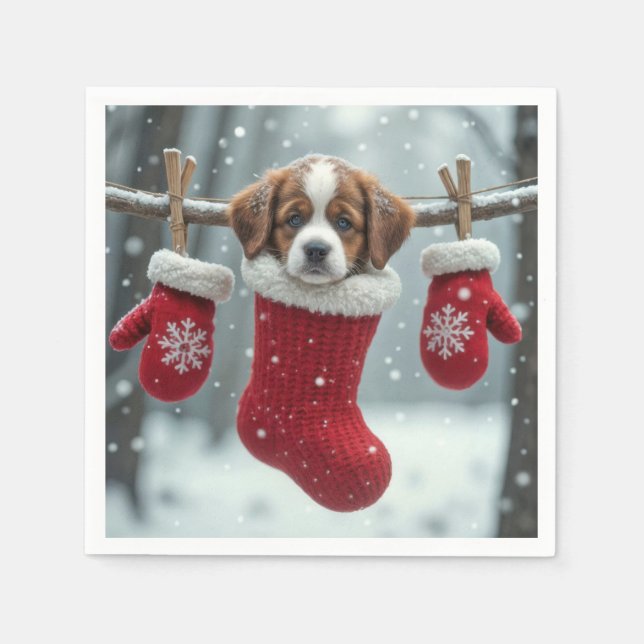 Christmas St. Bernard Welpe im Roten Strumpf Serviette (Vorderseite)