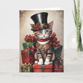 Christmas Steampunk Tabby Kitten Karte