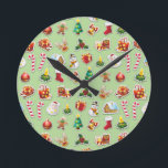 Christmas Stickers Festive Pattern Runde Wanduhr<br><div class="desc">Cute Chritsmas stickers Symbols,  like santa,  snowman,  candles,  christmas tree,  sugar cane,  reindeer,  and others,  originally created on vector graphic art technique and then assembled to compose a cute and festive christmas holidays pattern. Copyright BluedarkArt.</div>
