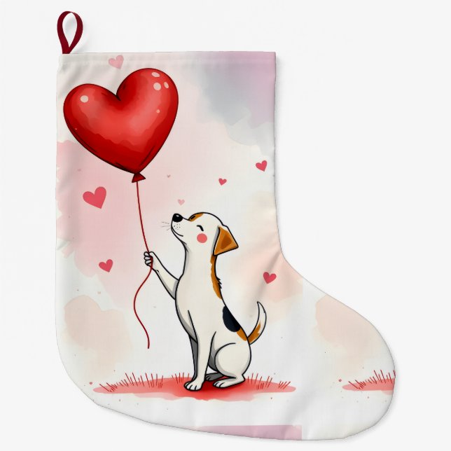 Christmas Stocking,  Dog Red Heart Großer Weihnachtsstrumpf (Vorderseite)