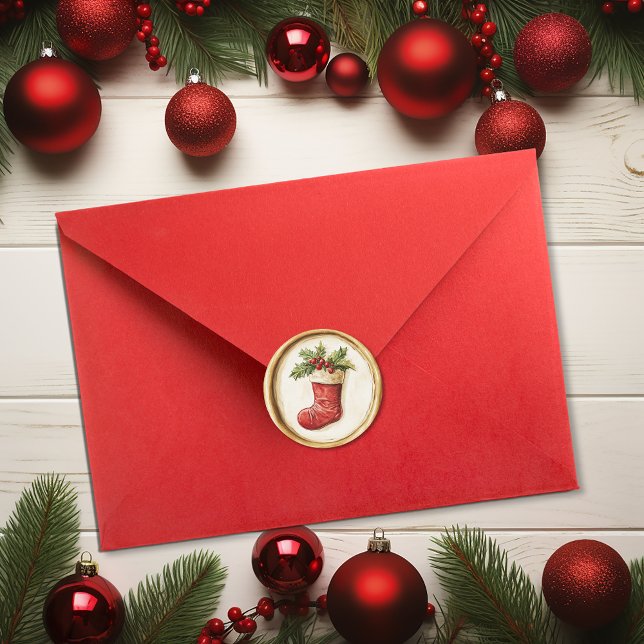 Christmas Stocking Holly Faux Wax Runder Aufkleber (Christmas Stocking Holly Faux Wax Classic Round Sticker)