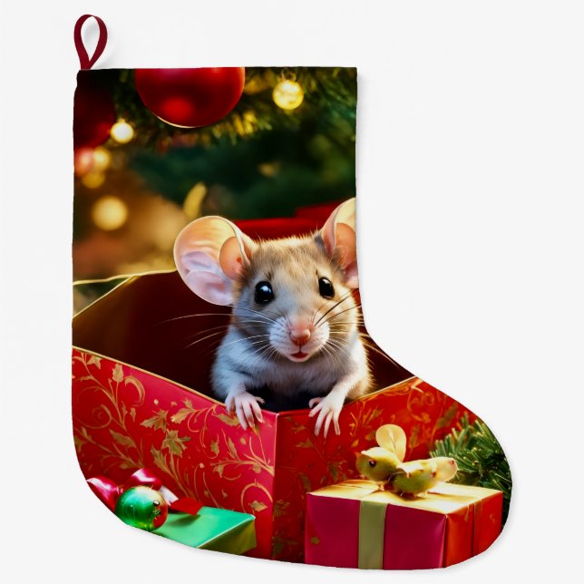 Christmas Stocking, Red Hearts Love Mouse Großer Weihnachtsstrumpf (Vorderseite)