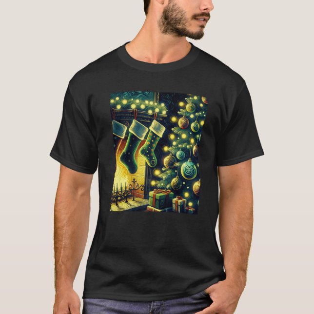 Christmas Stockings by The Fireplace Van Gogh Star T-Shirt (Vorderseite)