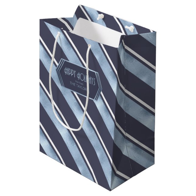 Christmas Stripe Muster Blue ID862 Mittlere Geschenktüte (Vorderseite Schrägansicht)
