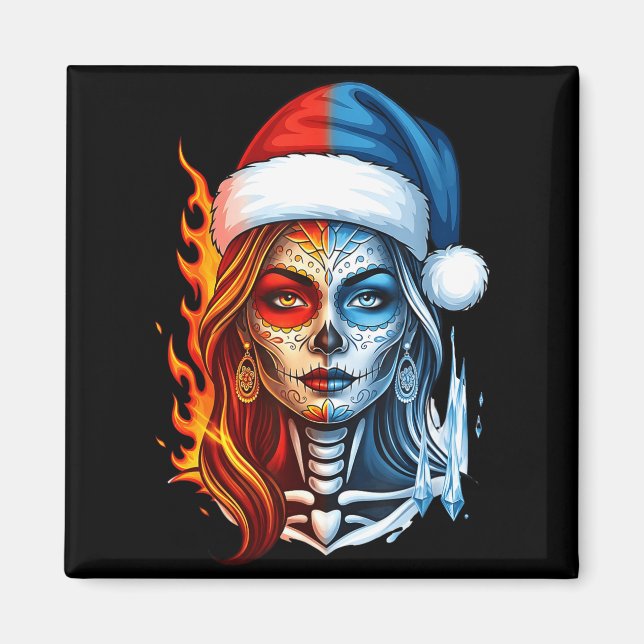 Christmas Sugar Skull Art Woman Santa Hat Fantasy  Magnet (Vorne)