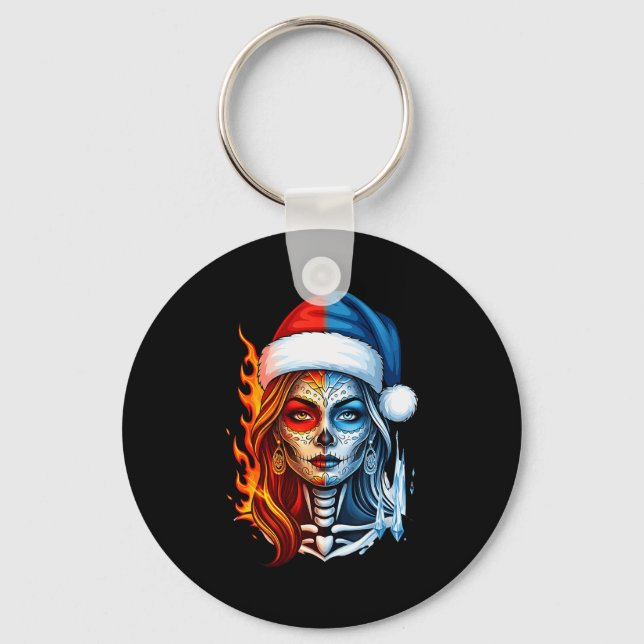 Christmas Sugar Skull Art Woman Santa Hat Fantasy  Schlüsselanhänger (Vorderseite)
