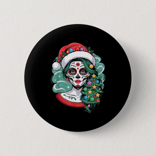 Christmas Sugar Skull Art Woman Santa Hat Festive  Button (Vorderseite)