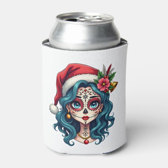 Christmas Sugar Skull Art Woman Santa Hat Festive  Dosenkühler (Kanne Vorderseite)