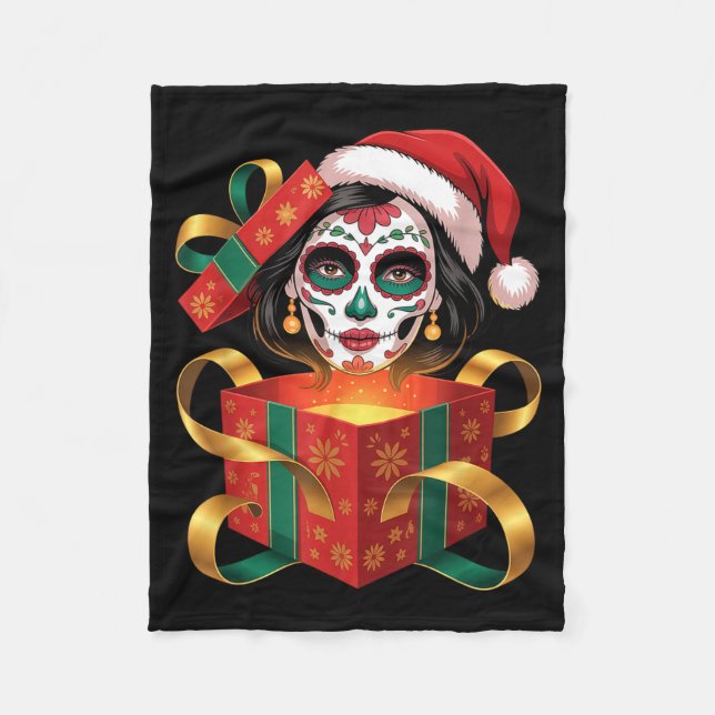 Christmas Sugar Skull Art Woman Santa Hat Festive  Fleecedecke (Vorderseite)