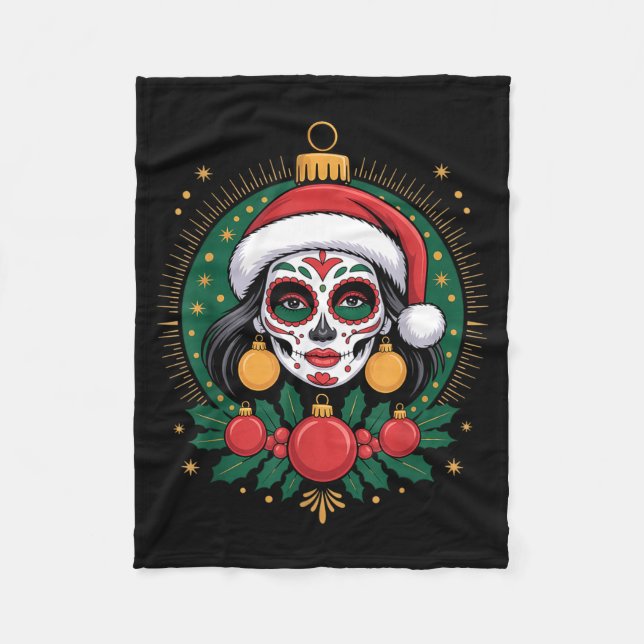 Christmas Sugar Skull Art Woman Santa Hat Festive  Fleecedecke (Vorderseite)