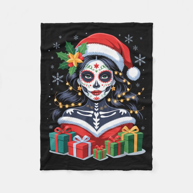 Christmas Sugar Skull Art Woman Santa Hat Festive  Fleecedecke (Vorderseite)