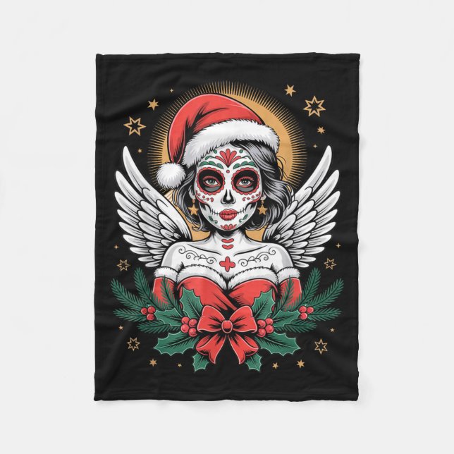 Christmas Sugar Skull Art Woman Santa Hat Festive  Fleecedecke (Vorderseite)