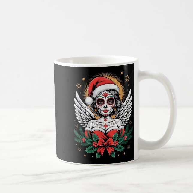 Christmas Sugar Skull Art Woman Santa Hat Festive  Kaffeetasse (Rechts)