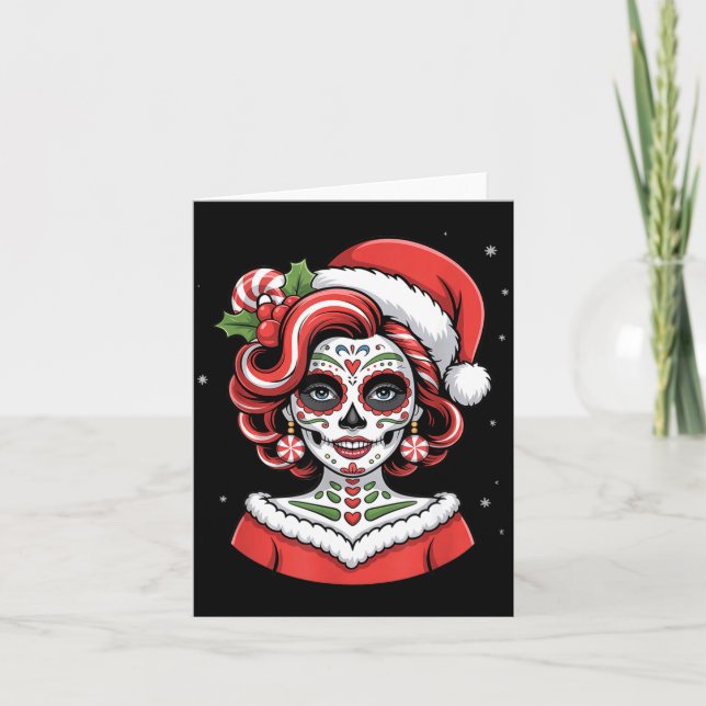 Christmas Sugar Skull Art Woman Santa Hat Festive  Karte (Vorderseite)