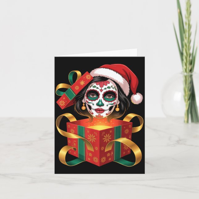 Christmas Sugar Skull Art Woman Santa Hat Festive  Karte (Vorderseite)