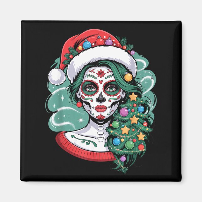 Christmas Sugar Skull Art Woman Santa Hat Festive  Magnet (Vorne)
