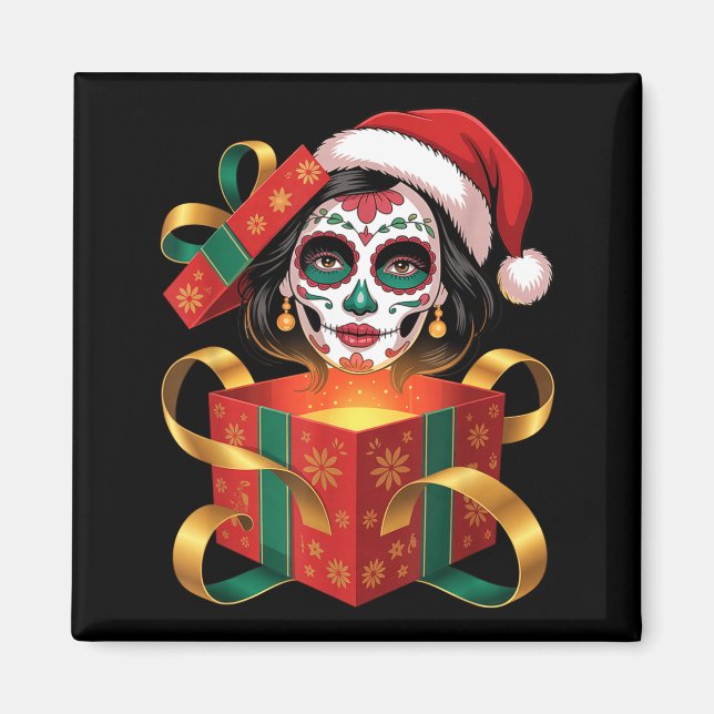 Christmas Sugar Skull Art Woman Santa Hat Festive  Magnet (Vorne)