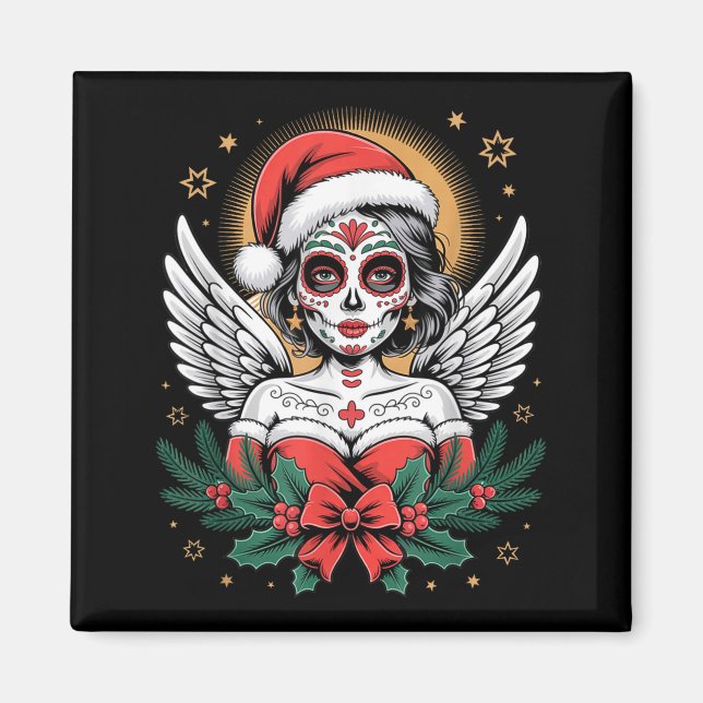 Christmas Sugar Skull Art Woman Santa Hat Festive  Magnet (Vorne)
