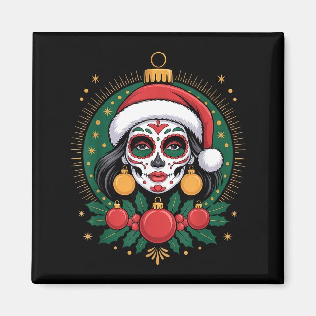 Christmas Sugar Skull Art Woman Santa Hat Festive  Magnet (Vorne)