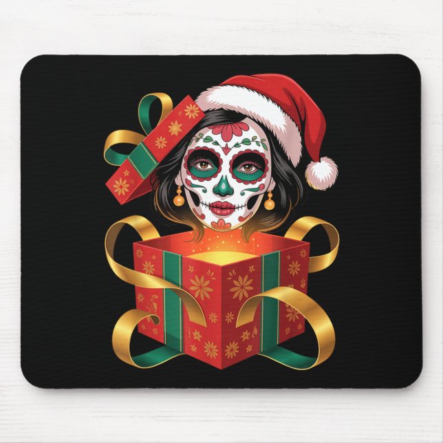 Christmas Sugar Skull Art Woman Santa Hat Festive  Mousepad (Vorne)