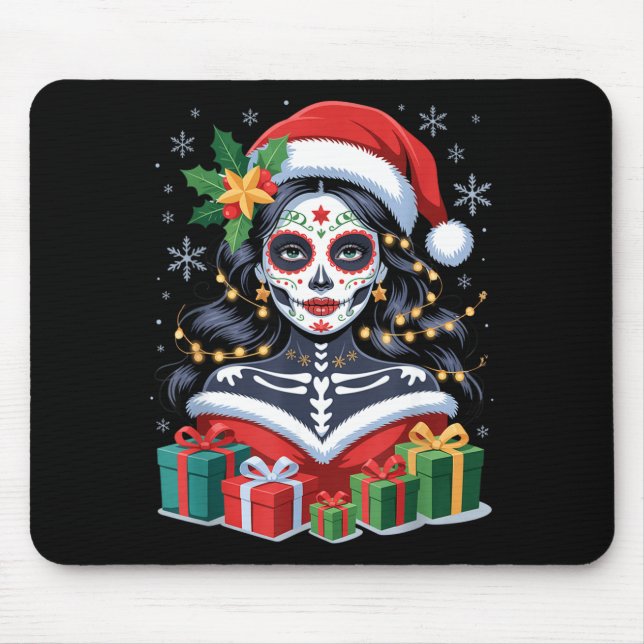 Christmas Sugar Skull Art Woman Santa Hat Festive  Mousepad (Vorne)