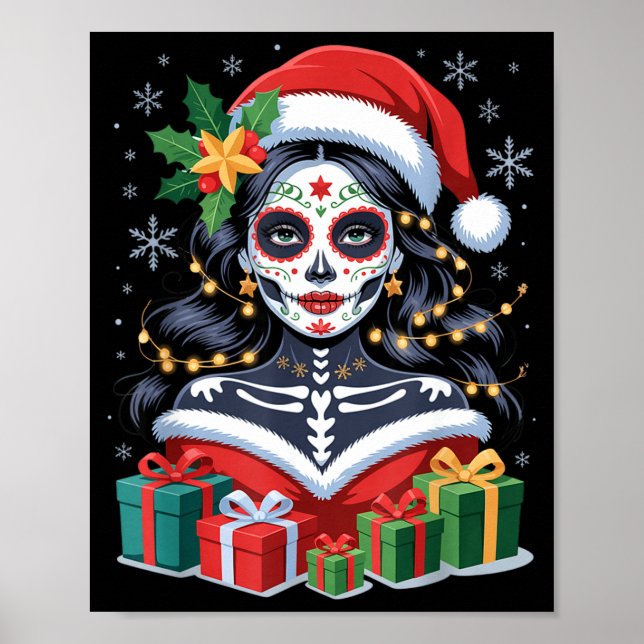 Christmas Sugar Skull Art Woman Santa Hat Festive  Poster (Vorne)