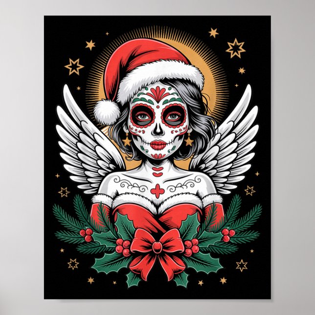 Christmas Sugar Skull Art Woman Santa Hat Festive  Poster (Vorne)
