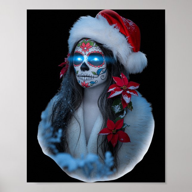Christmas Sugar Skull Art Woman Santa Hat Festive  Poster (Vorne)