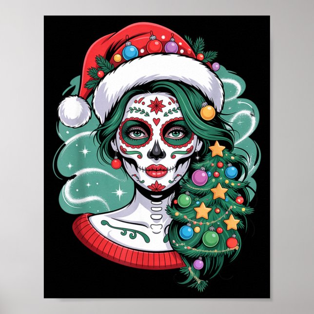 Christmas Sugar Skull Art Woman Santa Hat Festive  Poster (Vorne)