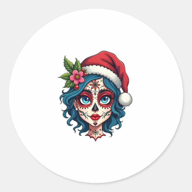 Christmas Sugar Skull Art Woman Santa Hat Festive  Runder Aufkleber (Vorderseite)