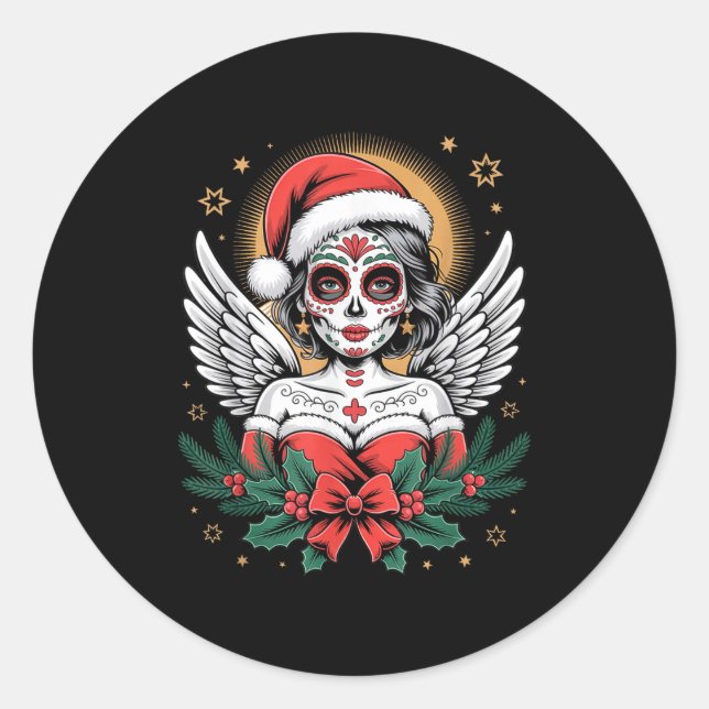 Christmas Sugar Skull Art Woman Santa Hat Festive  Runder Aufkleber (Vorderseite)