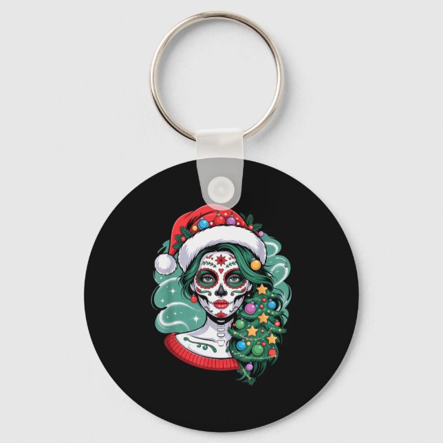 Christmas Sugar Skull Art Woman Santa Hat Festive  Schlüsselanhänger (Vorderseite)