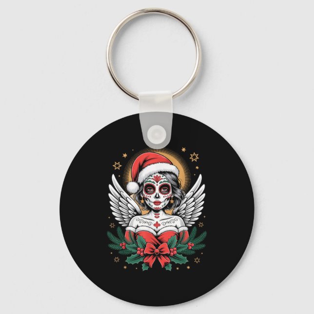 Christmas Sugar Skull Art Woman Santa Hat Festive  Schlüsselanhänger (Vorderseite)
