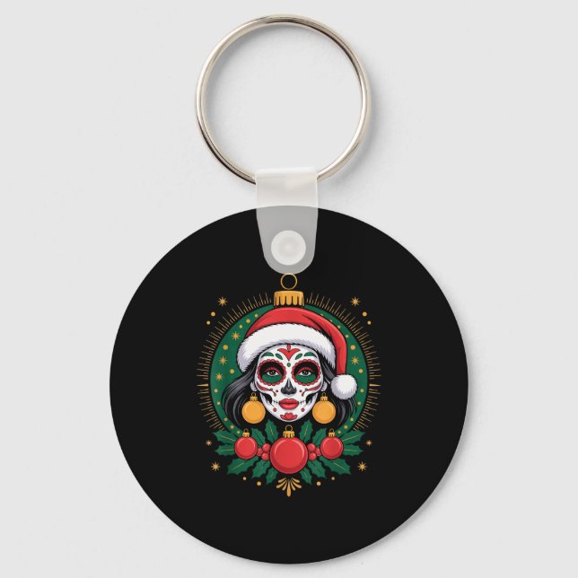 Christmas Sugar Skull Art Woman Santa Hat Festive  Schlüsselanhänger (Vorderseite)