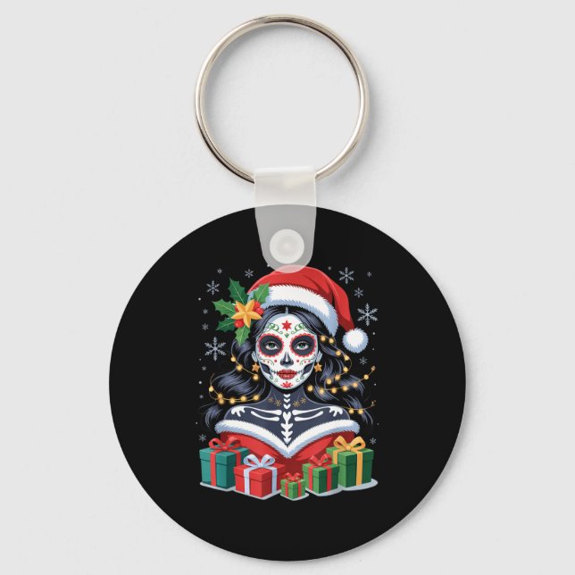 Christmas Sugar Skull Art Woman Santa Hat Festive  Schlüsselanhänger (Vorderseite)