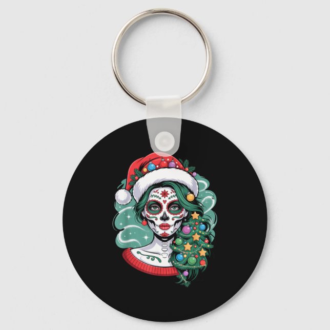 Christmas Sugar Skull Art Woman Santa Hat Festive  Schlüsselanhänger (Vorderseite)