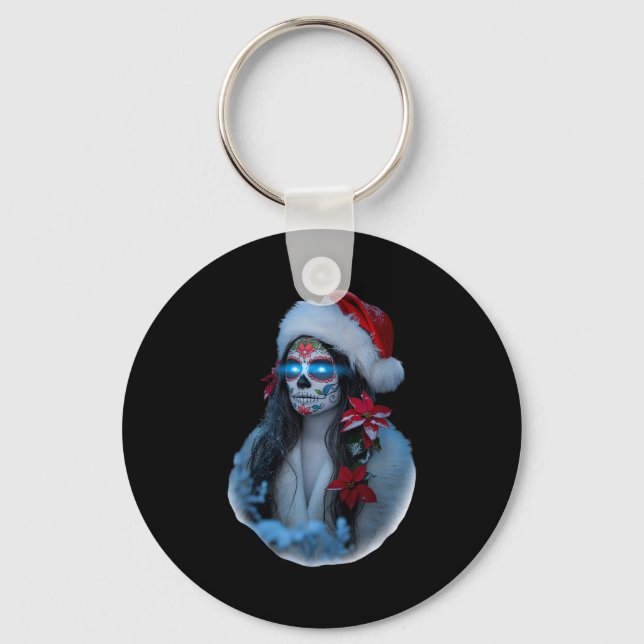 Christmas Sugar Skull Art Woman Santa Hat Festive  Schlüsselanhänger (Vorderseite)