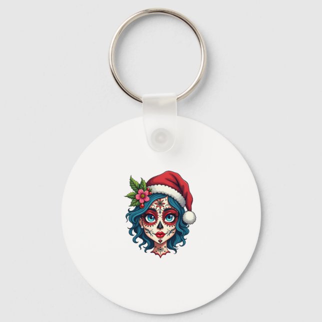 Christmas Sugar Skull Art Woman Santa Hat Festive  Schlüsselanhänger (Vorderseite)