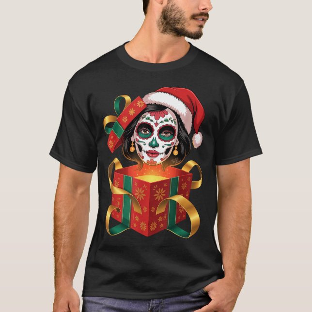 Christmas Sugar Skull Art Woman Santa Hat Festive  T-Shirt (Vorderseite)