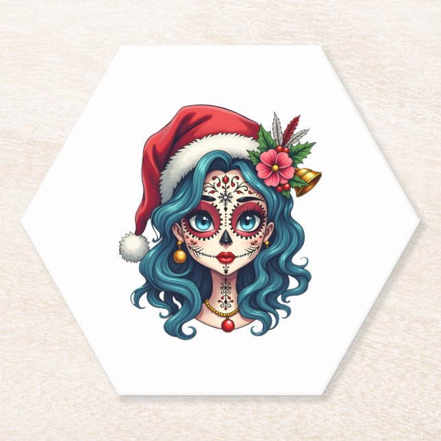 Christmas Sugar Skull Art Woman Santa Hat Festive  Untersetzer (Vorderseite)