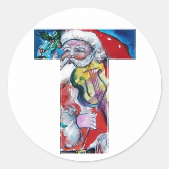 CHRISTMAS T LETTER / SANTA MIT VIOLIN MONOGRAM RUNDER AUFKLEBER (Vorderseite)