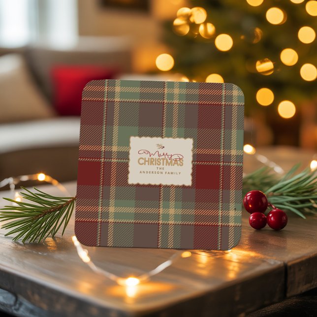 Christmas Tartan Brick Red Green ID1141A Rechteckiger Pappuntersetzer (Von Creator hochgeladen)