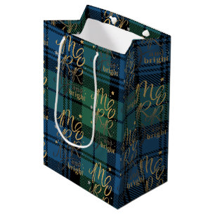 Christmas Tartan Script Green Blue Karo Kariert Mittlere Geschenktüte