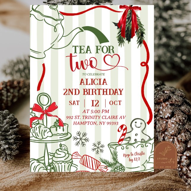 Christmas Tea 2nd Birthday Scribble Hand Drawn  Einladung (Von Creator hochgeladen)