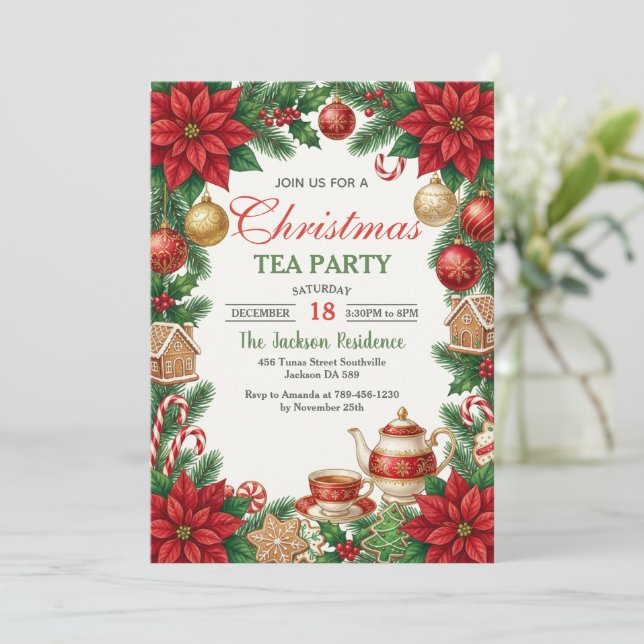 Christmas Tea Holiday Party Invitation Einladung (Stehend Vorderseite)