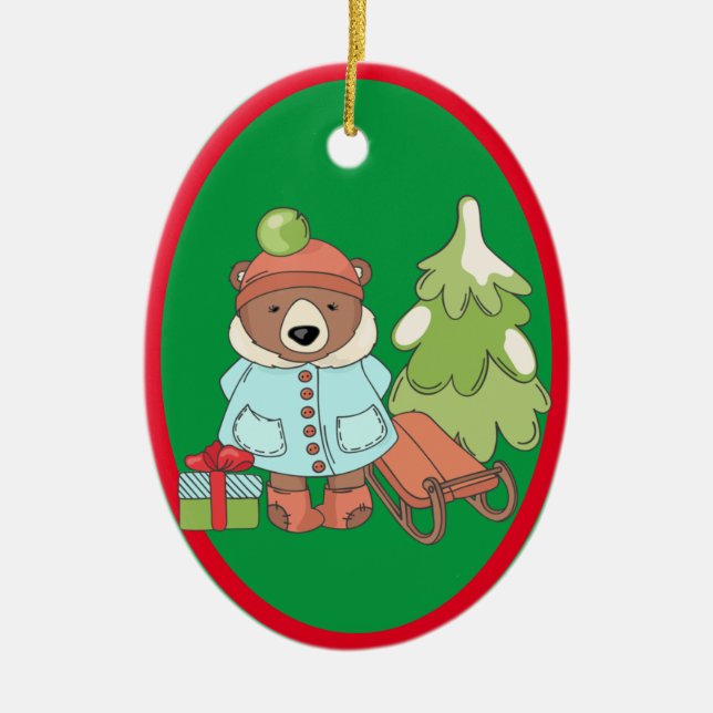 Christmas Teddy Bar Couple mit Geschenk Keramik Ornament (Vorne)